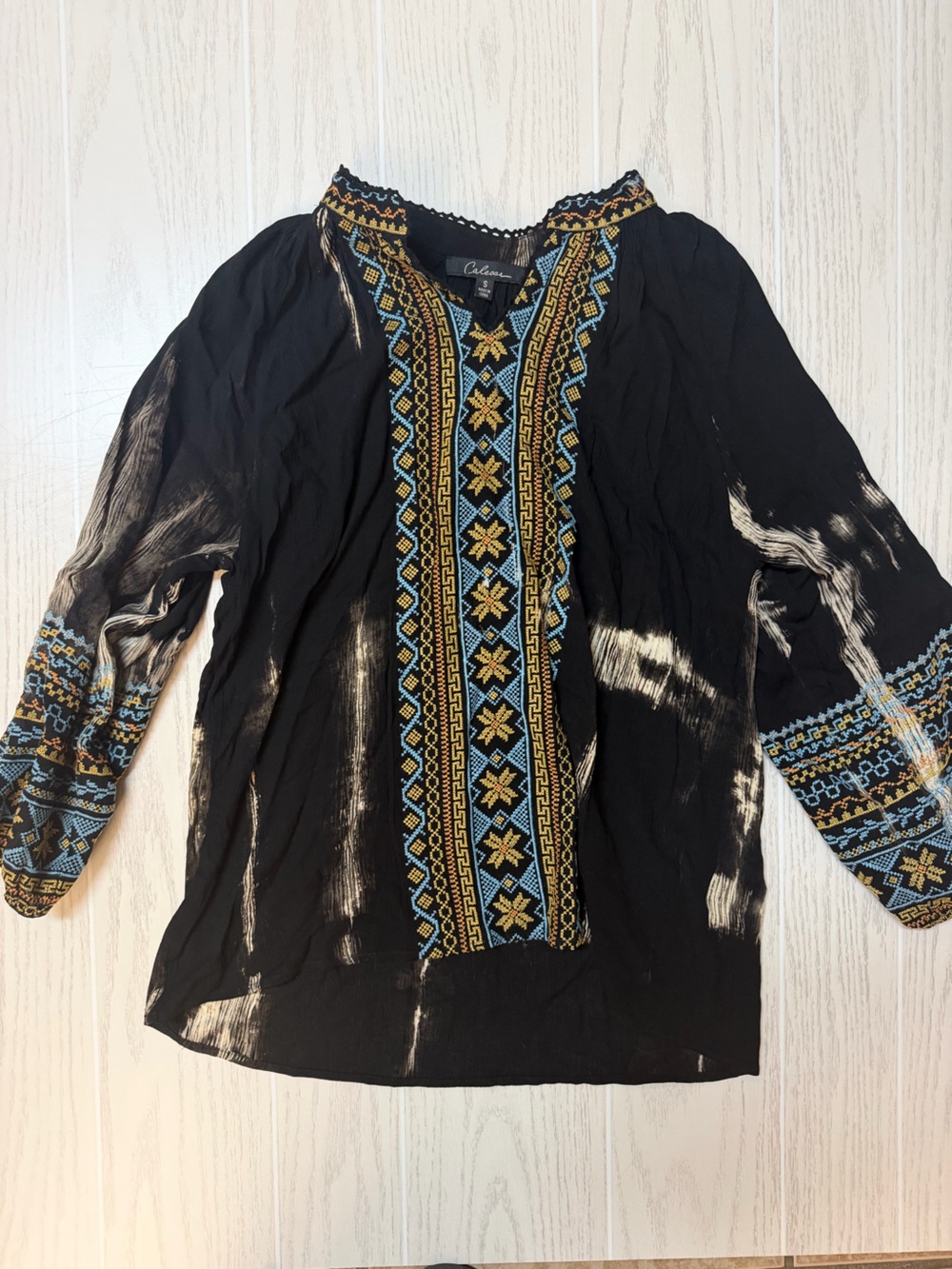 Calessa Black Embroidered Boho Tunic with Blue & Gold Detail